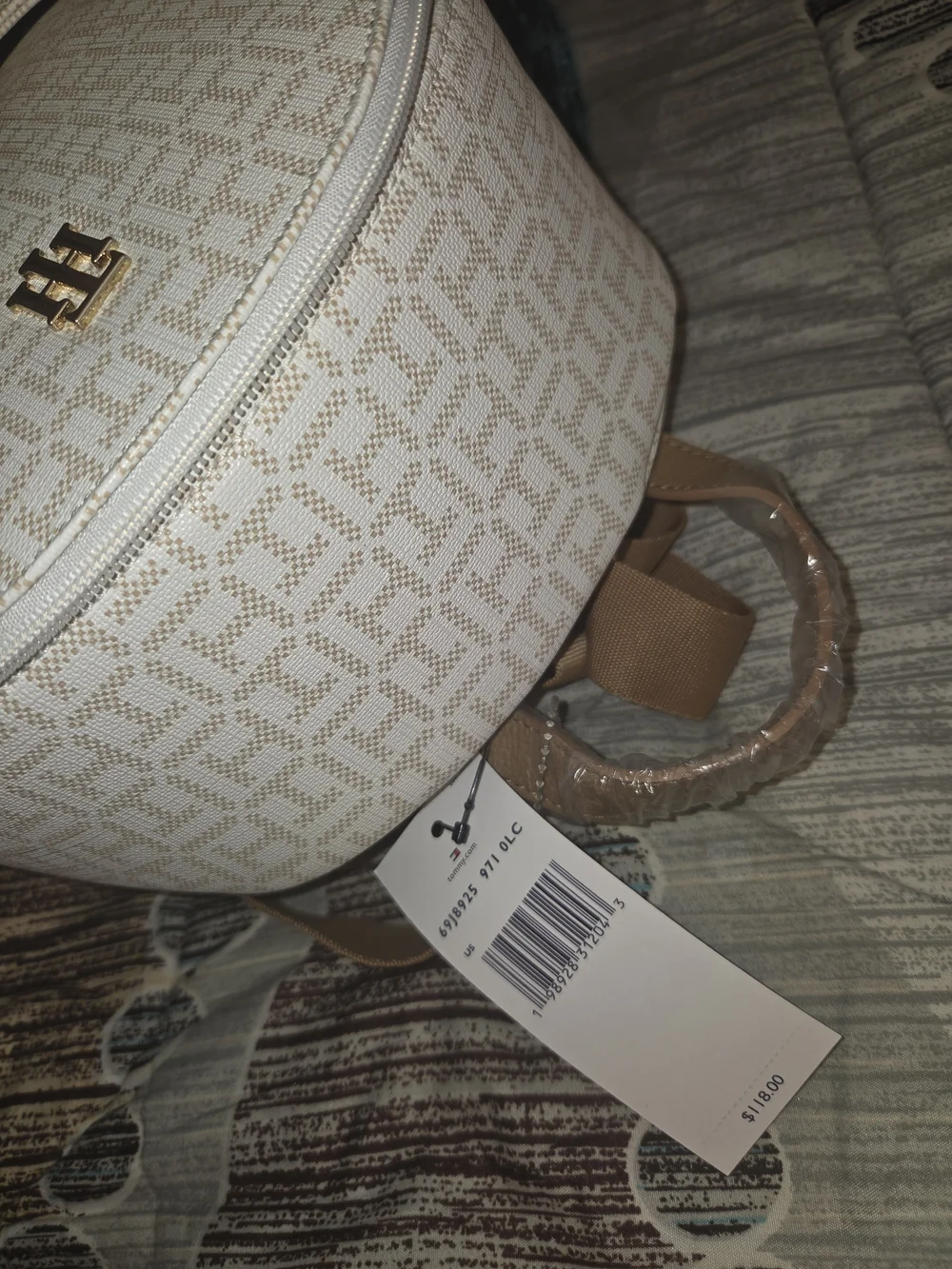 Tommy Hilfiger-Inspired White Monogram Backpack with Stripe